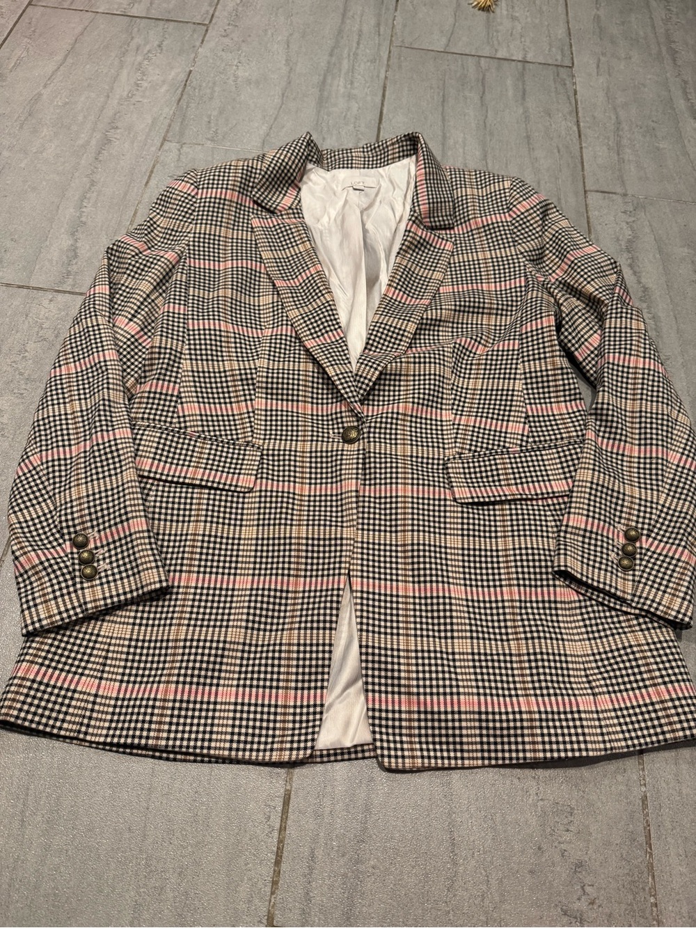 LOFT Brown Tan Plaid Single Breasted Business Work Collared Blazer Size 12
